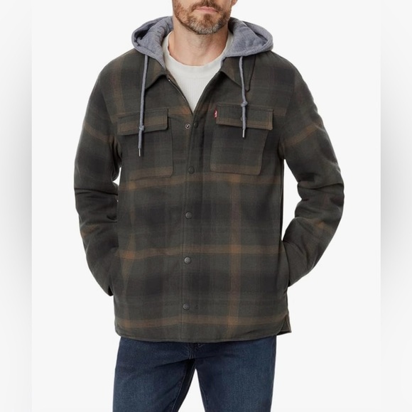 Levis Cotton Plaid Sherpa Lined Hoodie Jacket in Green Ombré, Size Small - Picture 1 of 14